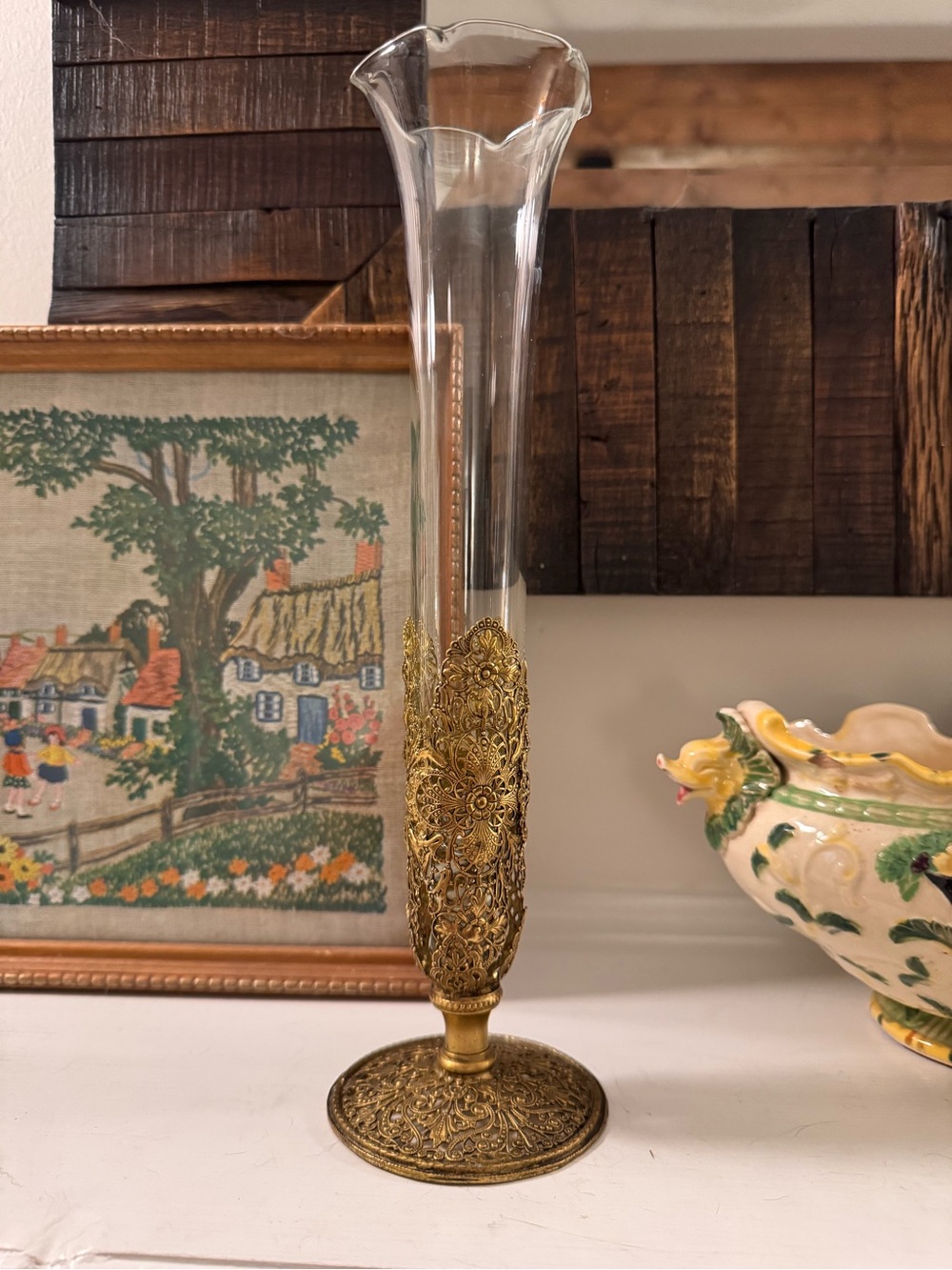 Vintage Hollywood Regency Gold Gilt Filigree Glass Bud Vase 11”